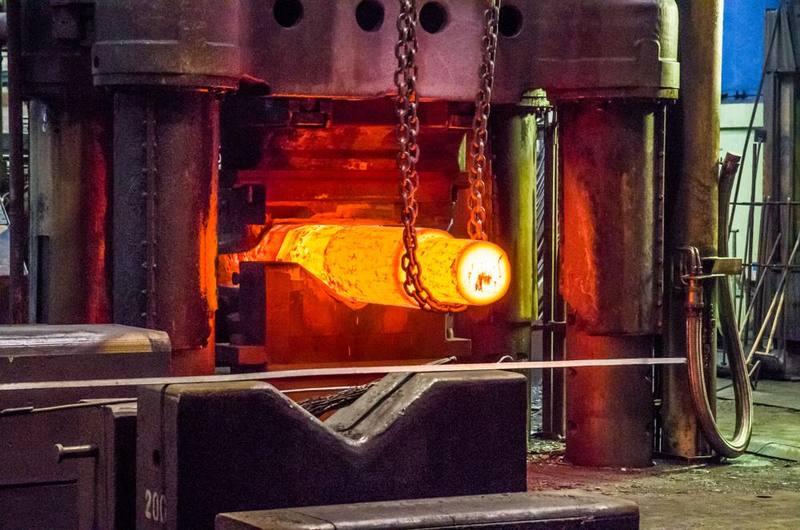 Forging press working hot steel