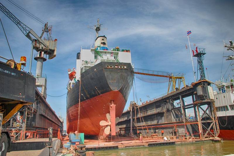 Container ship loading at port