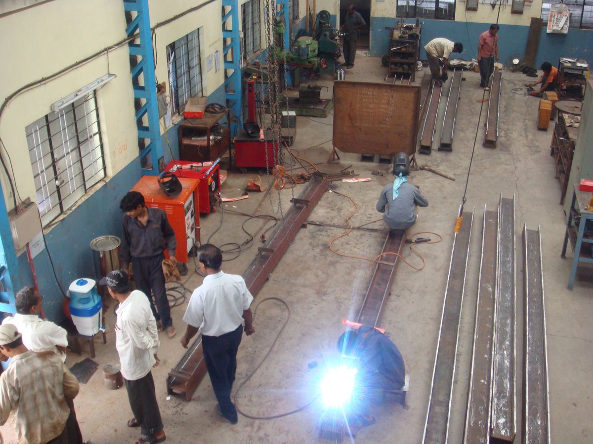 Welding in progress on a steel fabrication